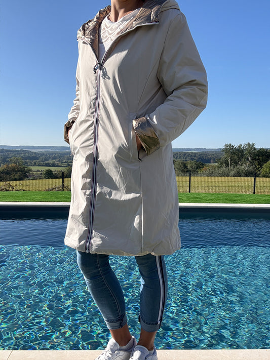 Melya Melody - Imperméable réversible long avec garnissage ouate couleur blanc crème/doré