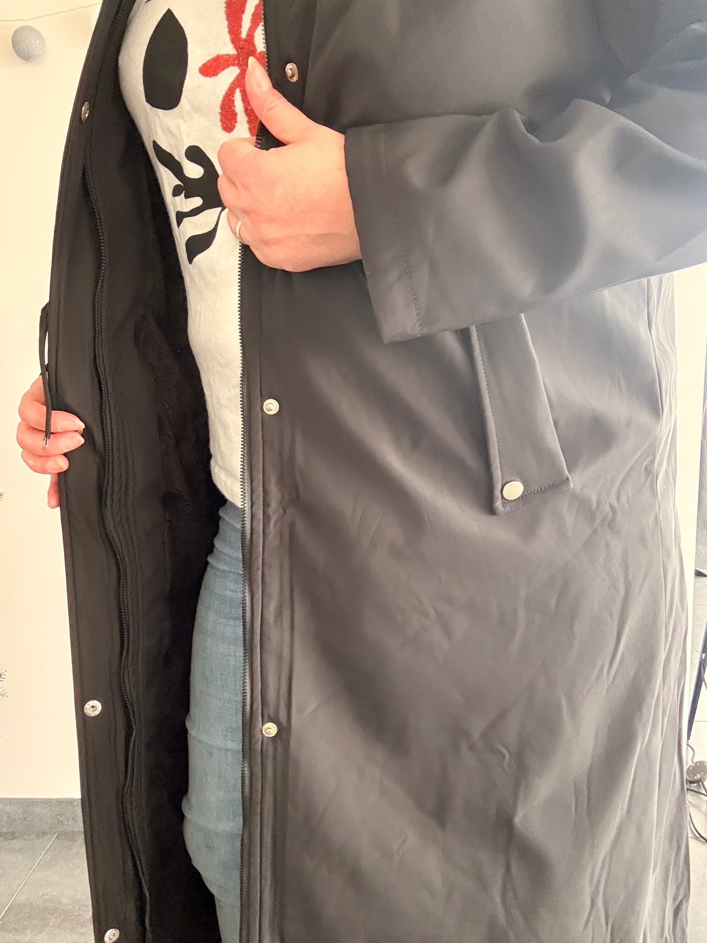 Manteau long imperméable fourré type trench ciré hauteur genoux noir - Curvy