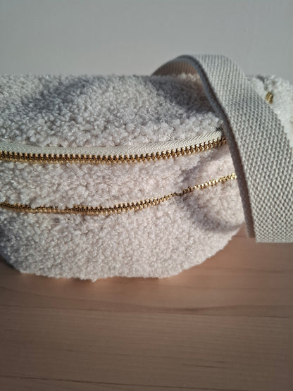 Sac banane peluche moumoute 2 poches blanc cassé