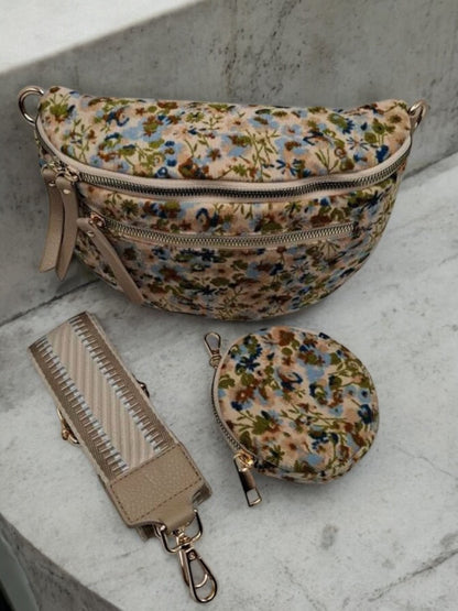Sac banane velours côtelé très fin fleuri liberty beige avec porte-monnaie assorti