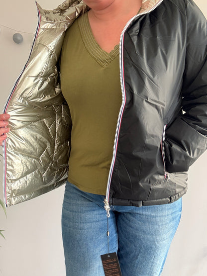 Laura Jo - Manteau doudoune courte matelassé réversible imperméable noir doré avec capuche