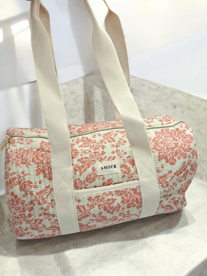 Sac polochon blanc en coton liberty fleuri corail