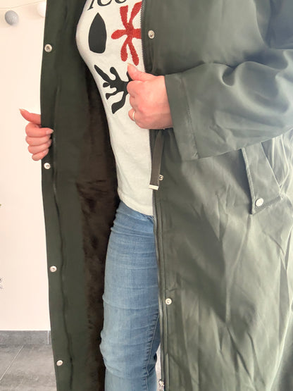 Manteau long type trench ciré hauteur genoux kaki fourré imperméable - Curvy