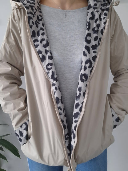 Laura Jo - Manteau Imperméable beige réversible motif léopard court garnissage ouate mi-saison