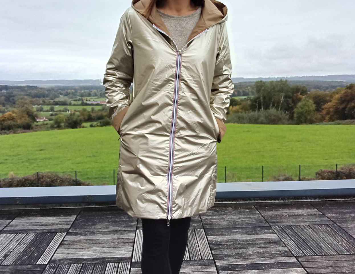 Laura Jo - Imperméable réversible long mi-saison garnissage ouate camel / doré