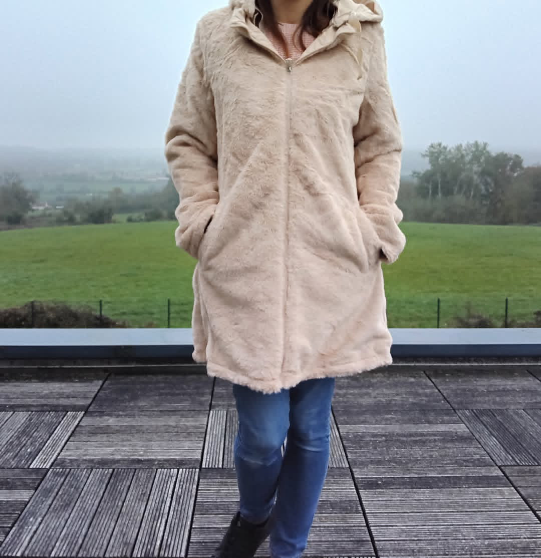 New Lolo - Manteau long BEIGE zip uni réversible, imperméable et complètement fourré resserrable à la taille