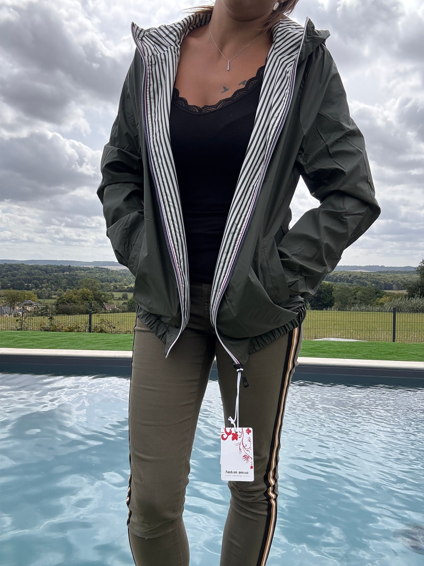 New Lolo - Manteau court mi fesses imperméable réversible kaki capuche intérieur marin kaki blanc