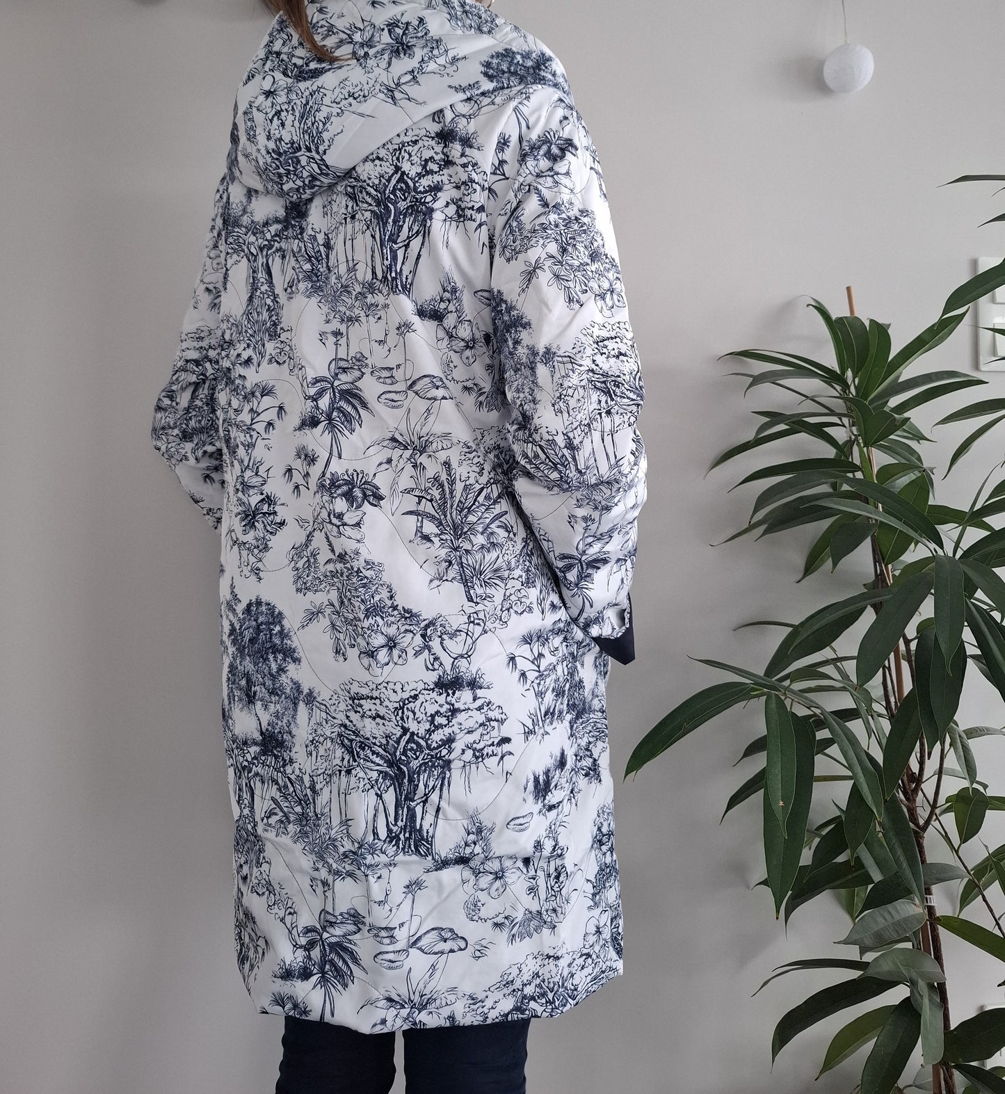 Laura Jo - Imperméable bleu marine réversible motif jungle long mi-saison garnissage ouate