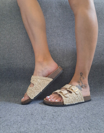 Chaussures sandales 2 brides effet paille beige avec boucles style Birk