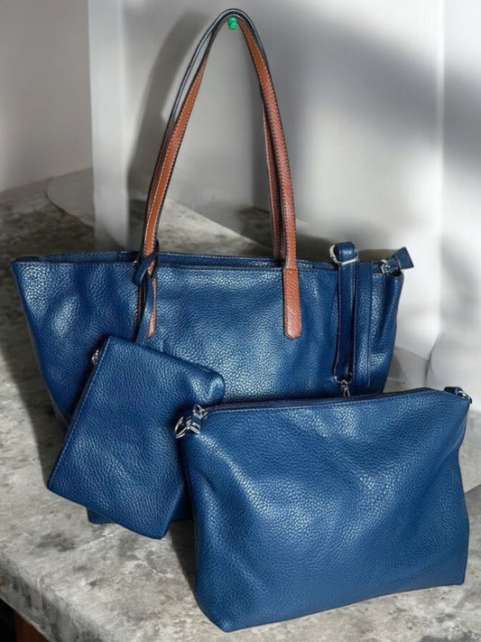 Sac à main 3 pieces simili cuir bleu marine avec porte monnaie et trousse et anses camel