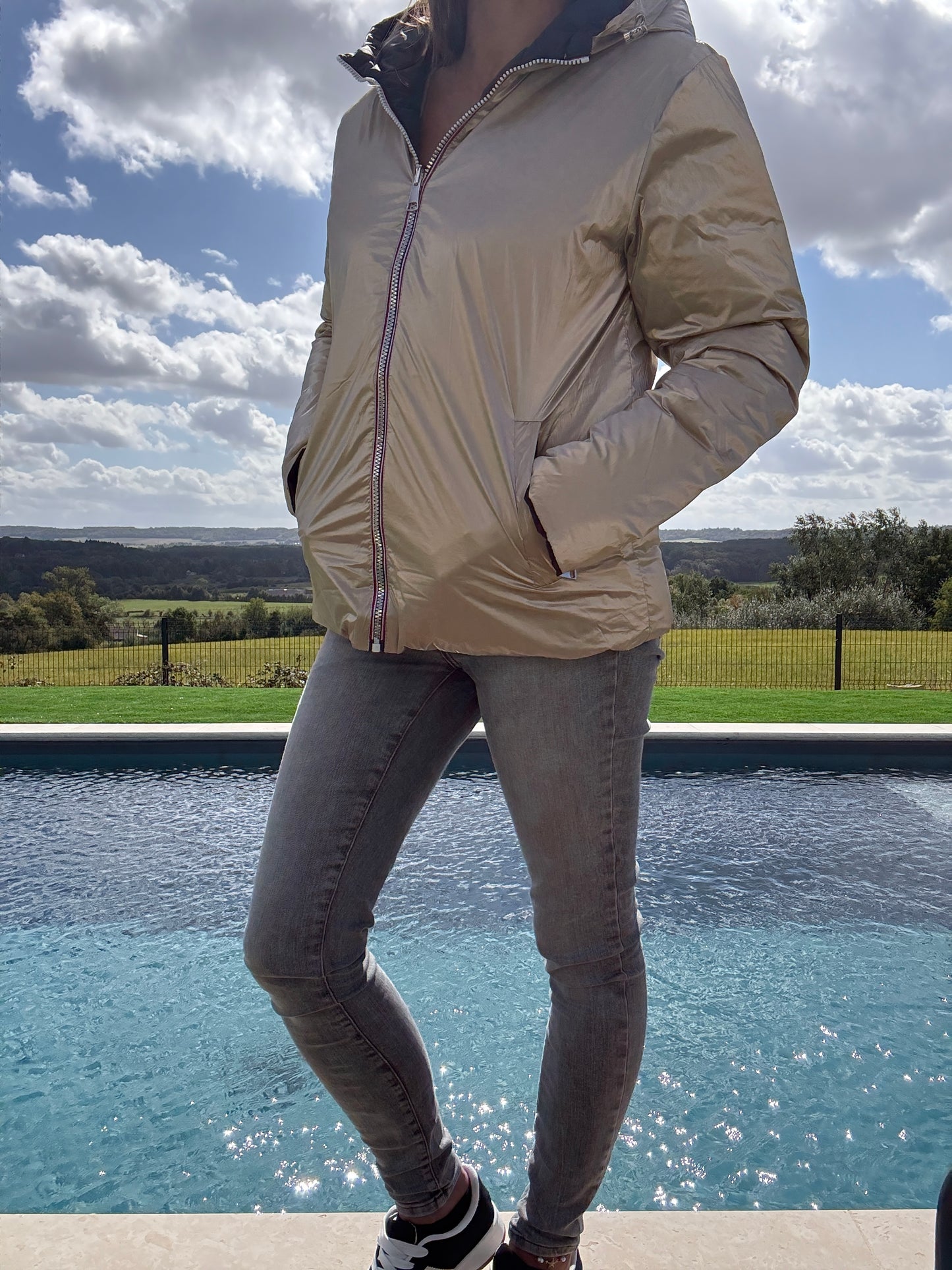 Doudoune manteau imperméable court réversible matelassé noir doré