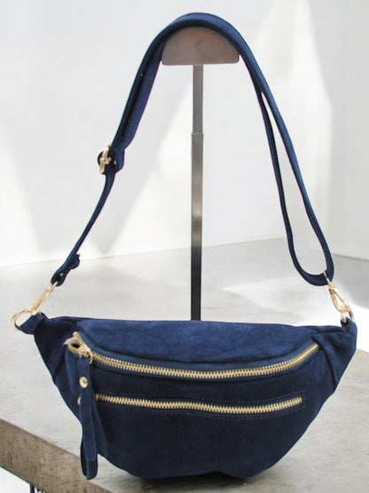 Sac banane croute de cuir velours 2 poches bleu marine