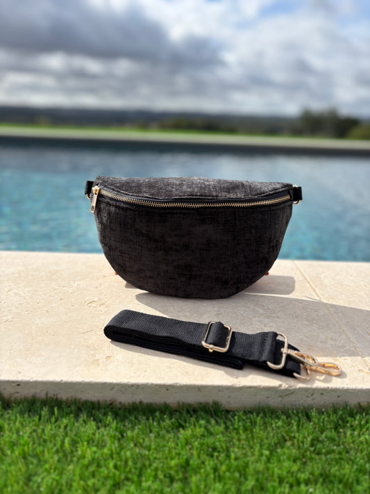 Sac banane en tissu velours doux texturé noir