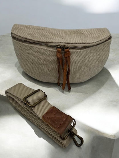 Nouveutés - Sac banane en jute beige 1 poche doubles curseurs