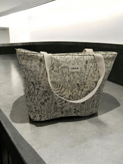 Sac cabas porté épaule blanc en coton liberty fleuri noir et creme
