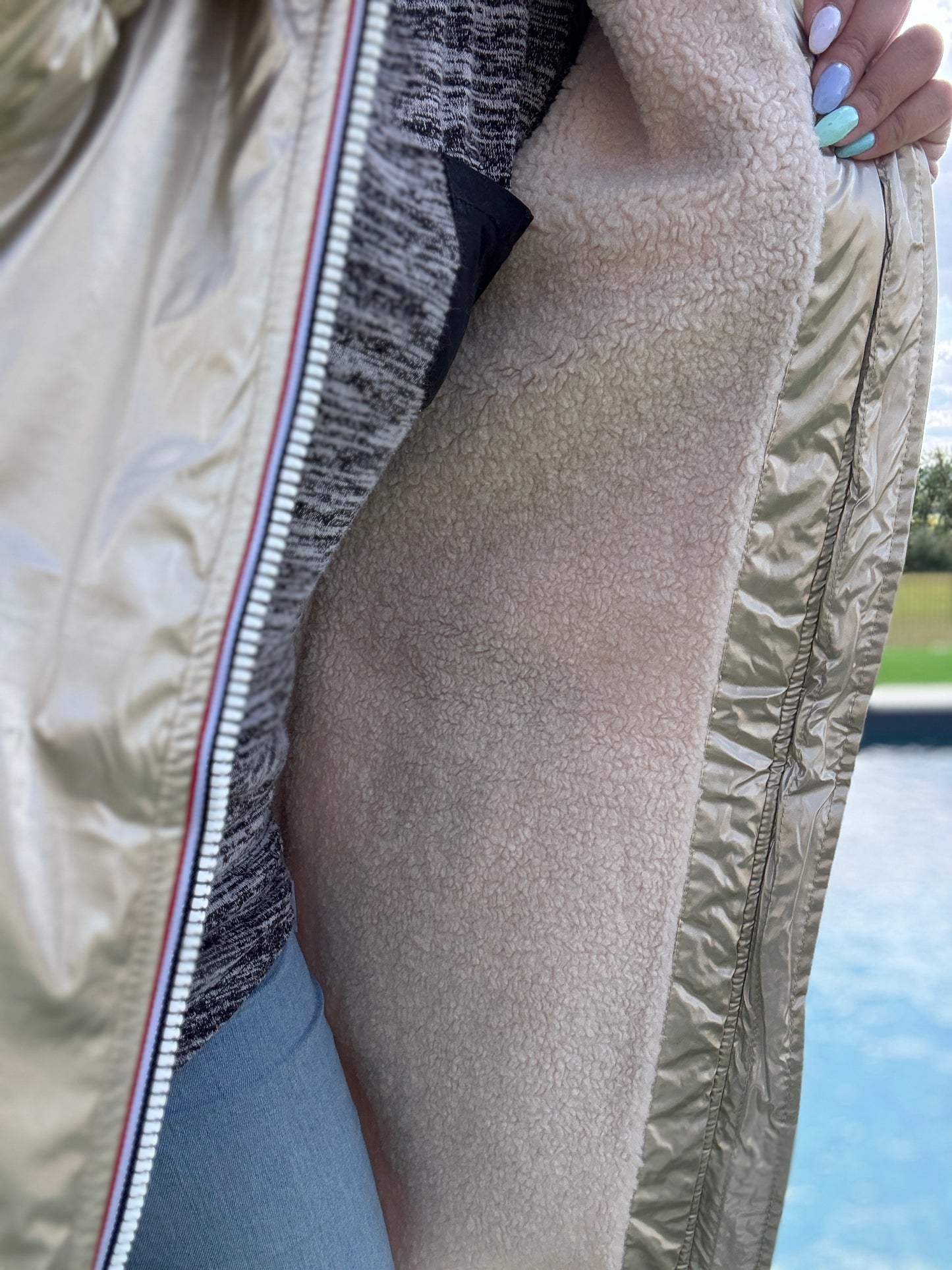 Laura Jo - Imperméable fourré long fausse fourrure doré intérieur sherpa beige