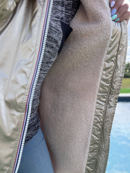 Laura Jo - Imperméable fourré long fausse fourrure doré intérieur sherpa beige