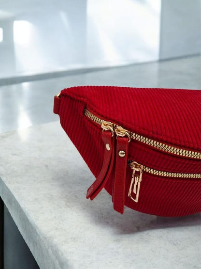 Sac banane velours côtelé 2 poches rouge sangle fantaisie