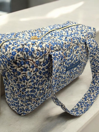 Sac week end de voyage polochon coton matelassé imprimé fleuri bleu marine