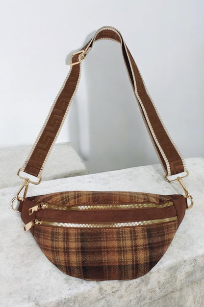Sac banane en tissu motif écossais tons marrons sangle fantaisie