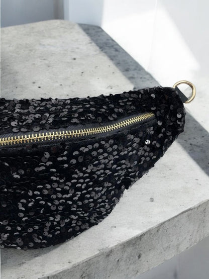 Sac banane tissu velours noir sequins noirs