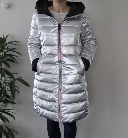 Doudoune manteau imperméable long noir réversible matelassé argenté