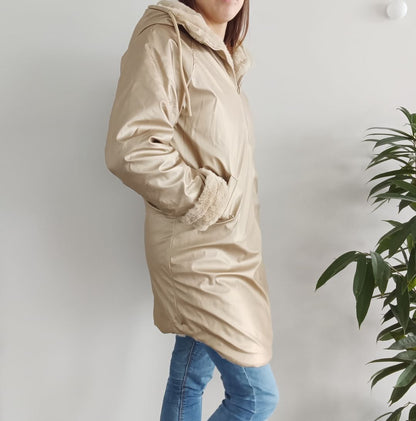 Melya Melody - Manteau long mi cuisses type ciré imperméable fourré réversible doré