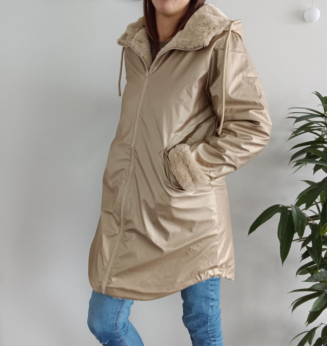 Melya Melody - Manteau long mi cuisses type ciré imperméable fourré réversible doré