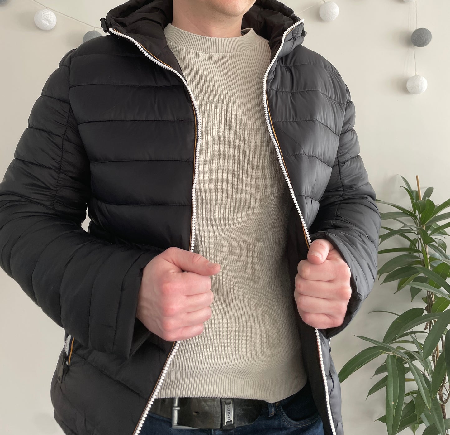 Doudoune à capuche HOMME courte imperméable et réversible matelassé noir