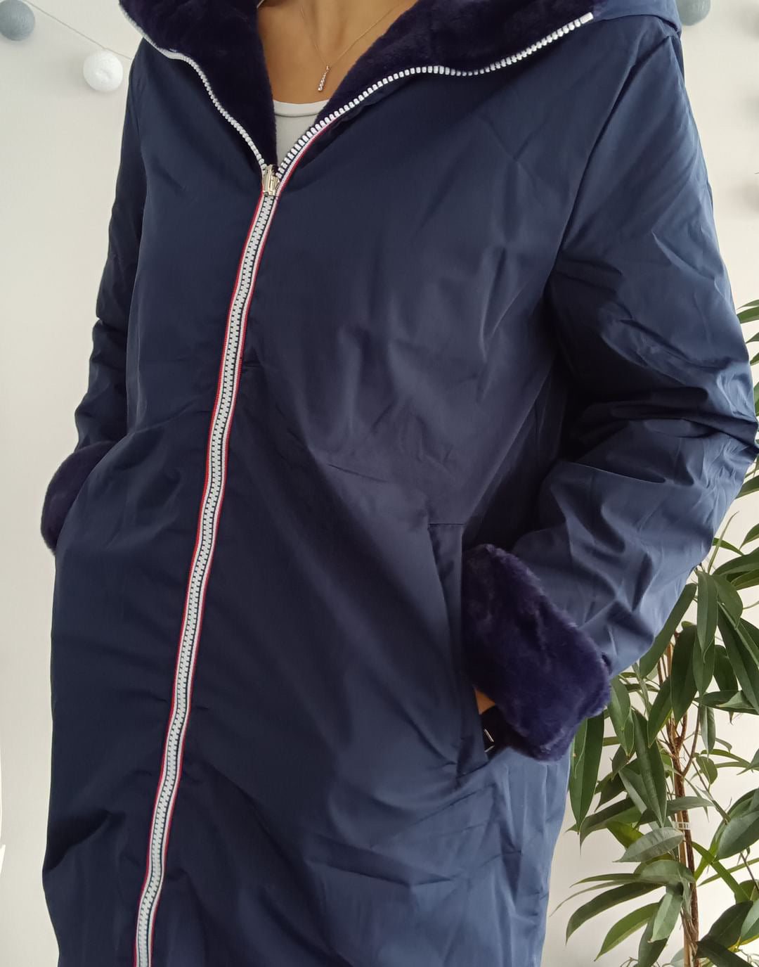 Melya Melody - Manteau long fourré fausse fourrure réversible imperméable bleu marine