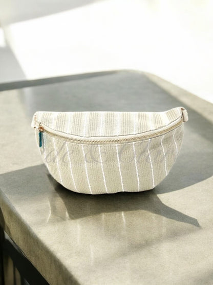 Sac banane en coton tissu bohème beige à rayures blanc doré