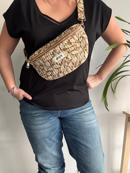 Sac banane coton matelassé liberty floral toile de jouy camel et blanc