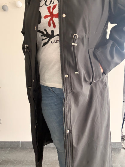 Manteau long imperméable fourré type trench ciré hauteur genoux noir - Curvy