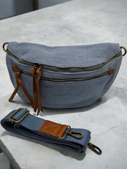 Nouveautés - Sac banane en jute bleu clair 2 poches doubles curseurs