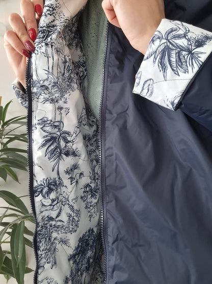 Laura Jo - Imperméable bleu marine réversible motif jungle long mi-saison garnissage ouate