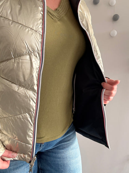Laura Jo - Manteau doudoune courte matelassé réversible imperméable noir doré avec capuche