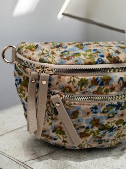 Sac banane velours côtelé très fin fleuri liberty beige avec porte-monnaie assorti