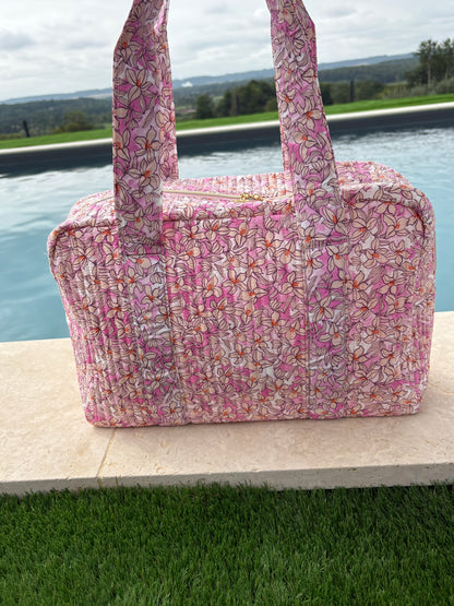 Sac week-end polochon en coton matelassé rose liberty fleuri rose et taupe