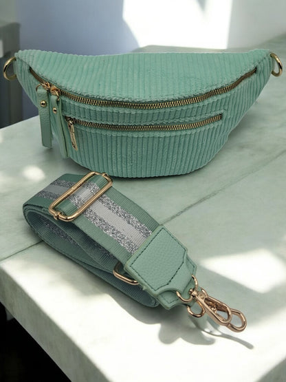 Sac banane velours côtelé 2 poches vert/bleu sangle fantaisie