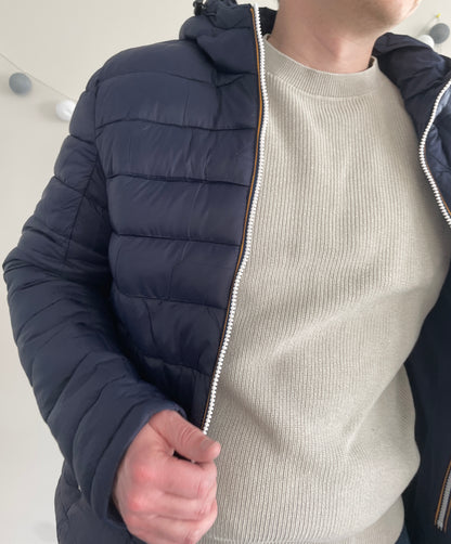 Doudoune à capuche HOMME courte imperméable et réversible matelassé bleu marine