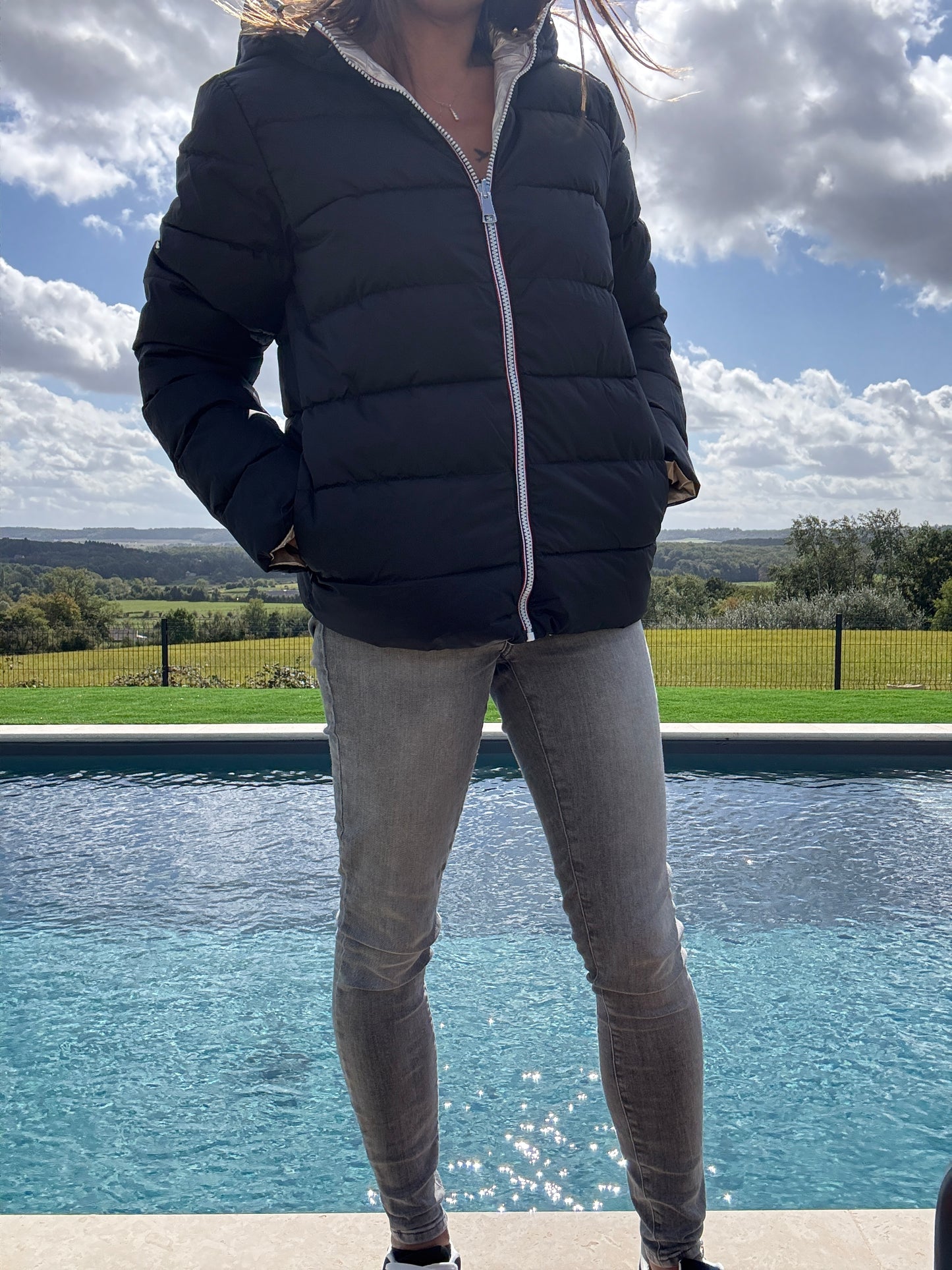 Doudoune manteau imperméable court réversible matelassé noir doré