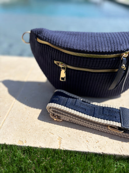 Sac banane velours côtelé 2 poches bleu marine sangle fantaisie