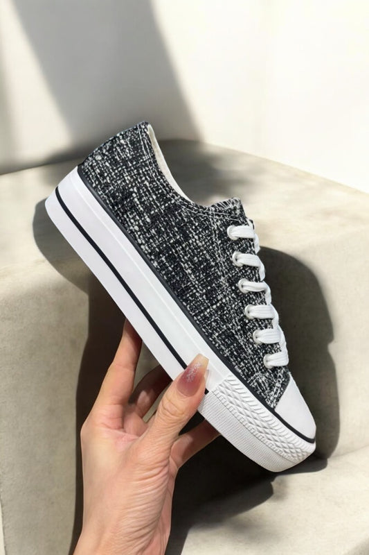 Chaussures baskets basses tissu chiné noir et blanc style converse