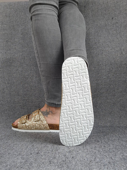 Chaussures sandales style Birk 2 brides doré pailleté