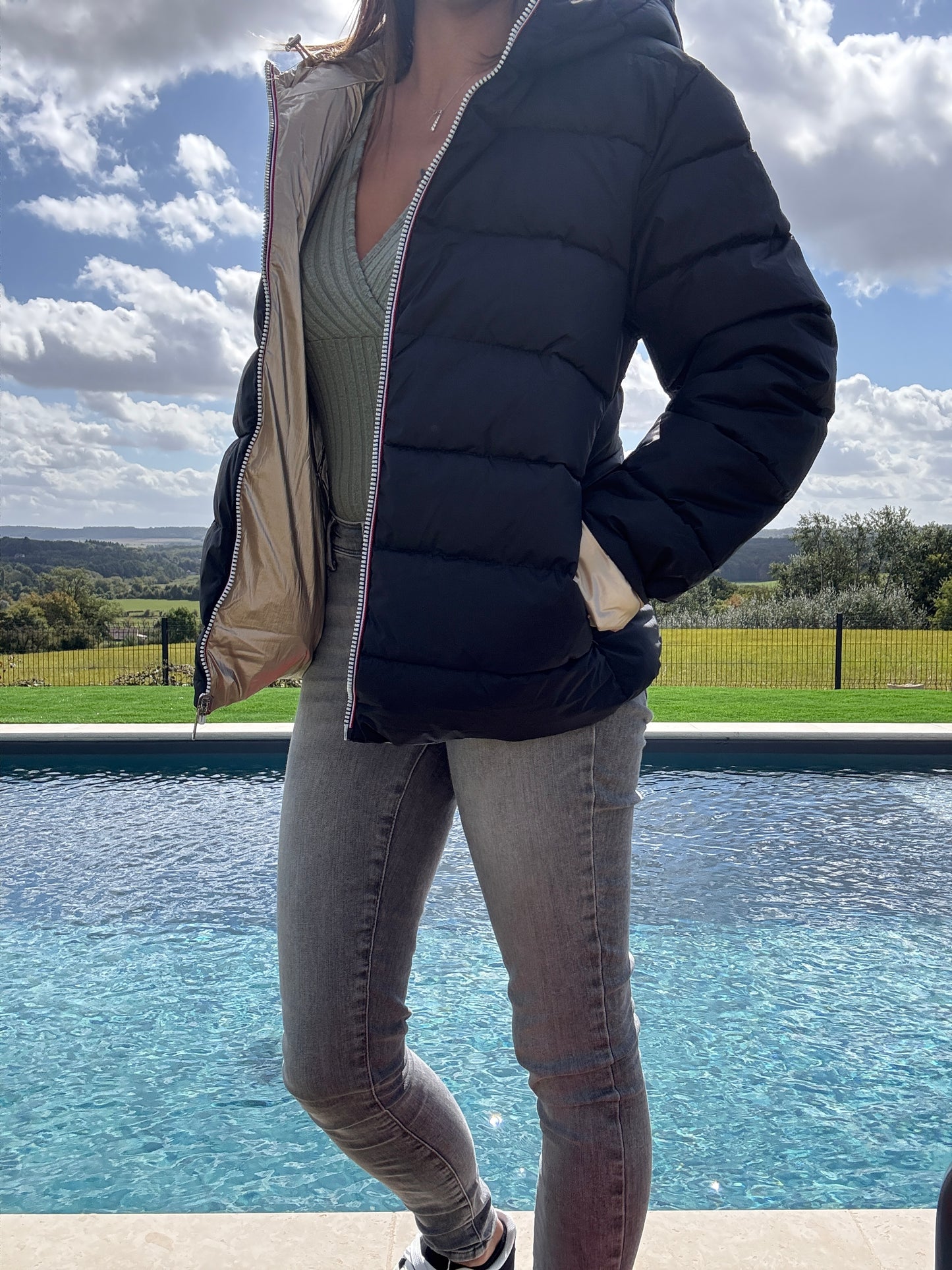 Doudoune manteau imperméable court réversible matelassé noir doré
