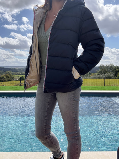 Doudoune manteau imperméable court réversible matelassé noir doré