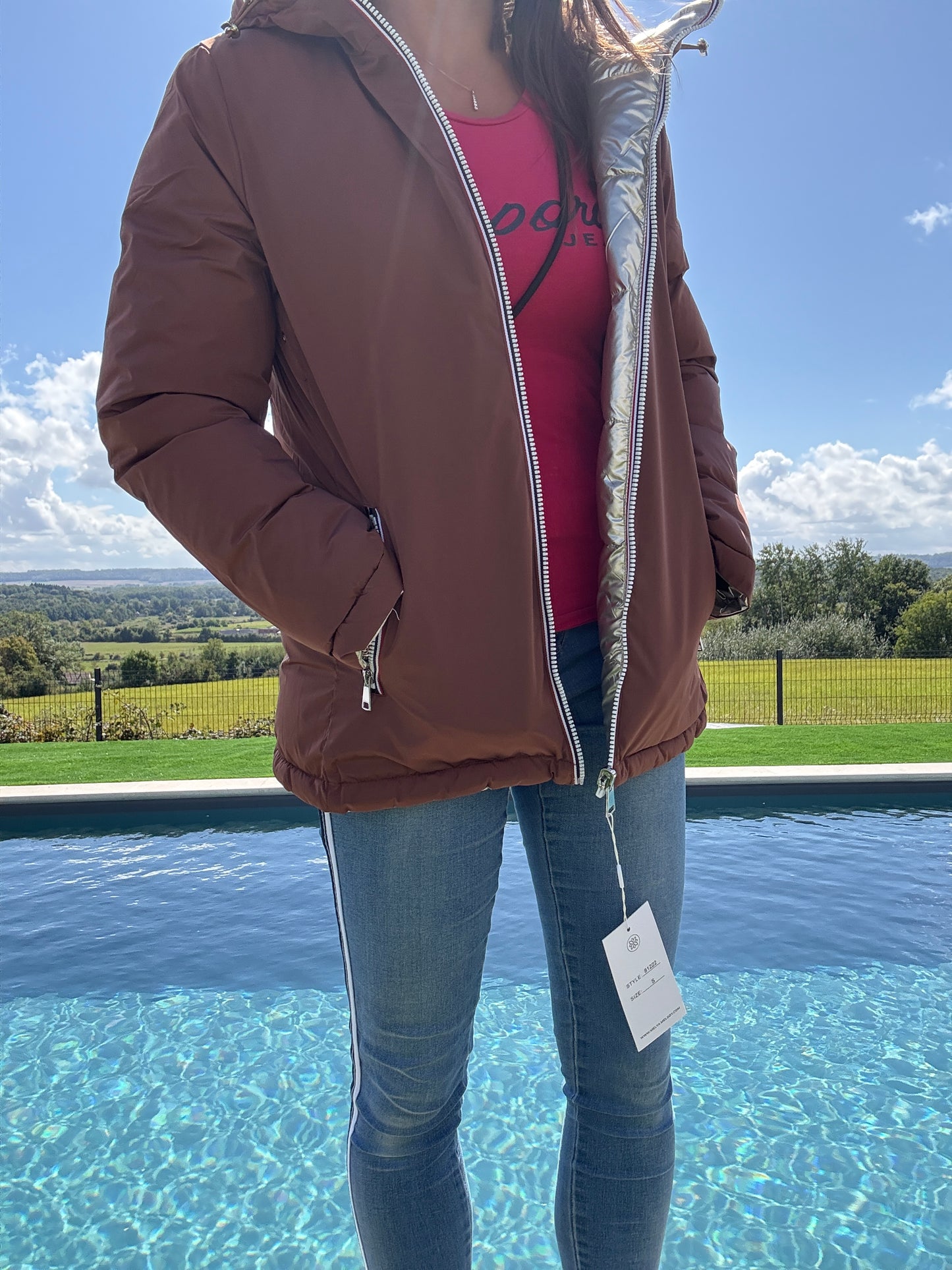 Melya Melody - Manteau court réversible et imperméable matelassé marron chocolat/doré