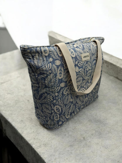 Sac cabas porté épaule coton imprimé toile de jouy feuilles bleues creme