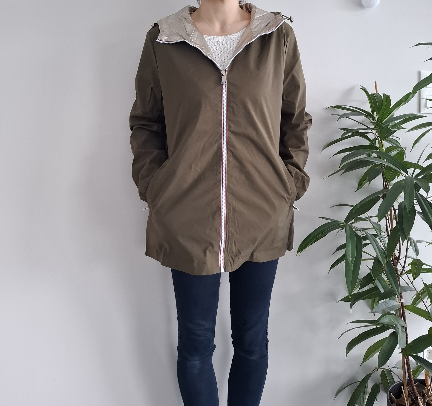 Manteau imperméable réversible mi-long léger Kaki/doré