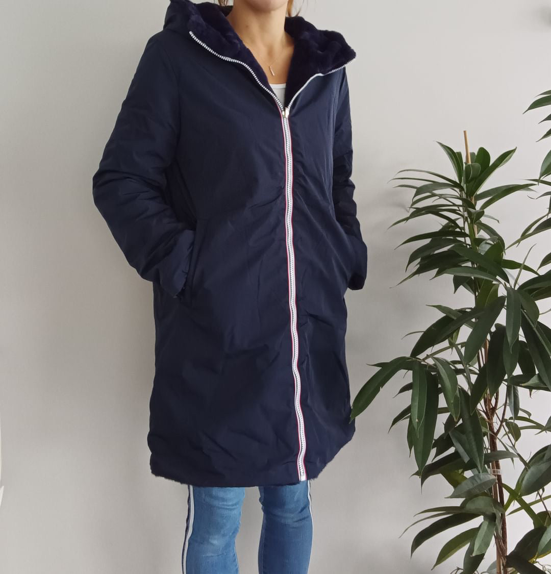 Melya Melody - Manteau long fourré fausse fourrure réversible imperméable bleu marine